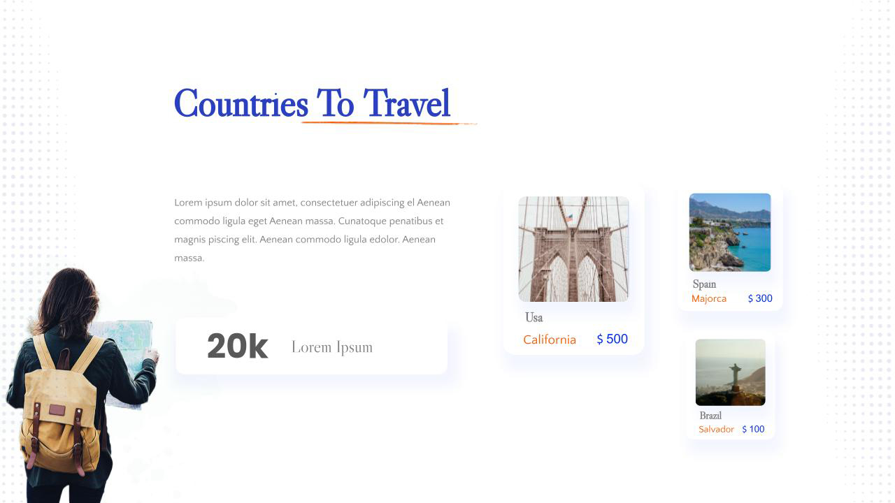 Countries to travel slide with image and package details for Travel