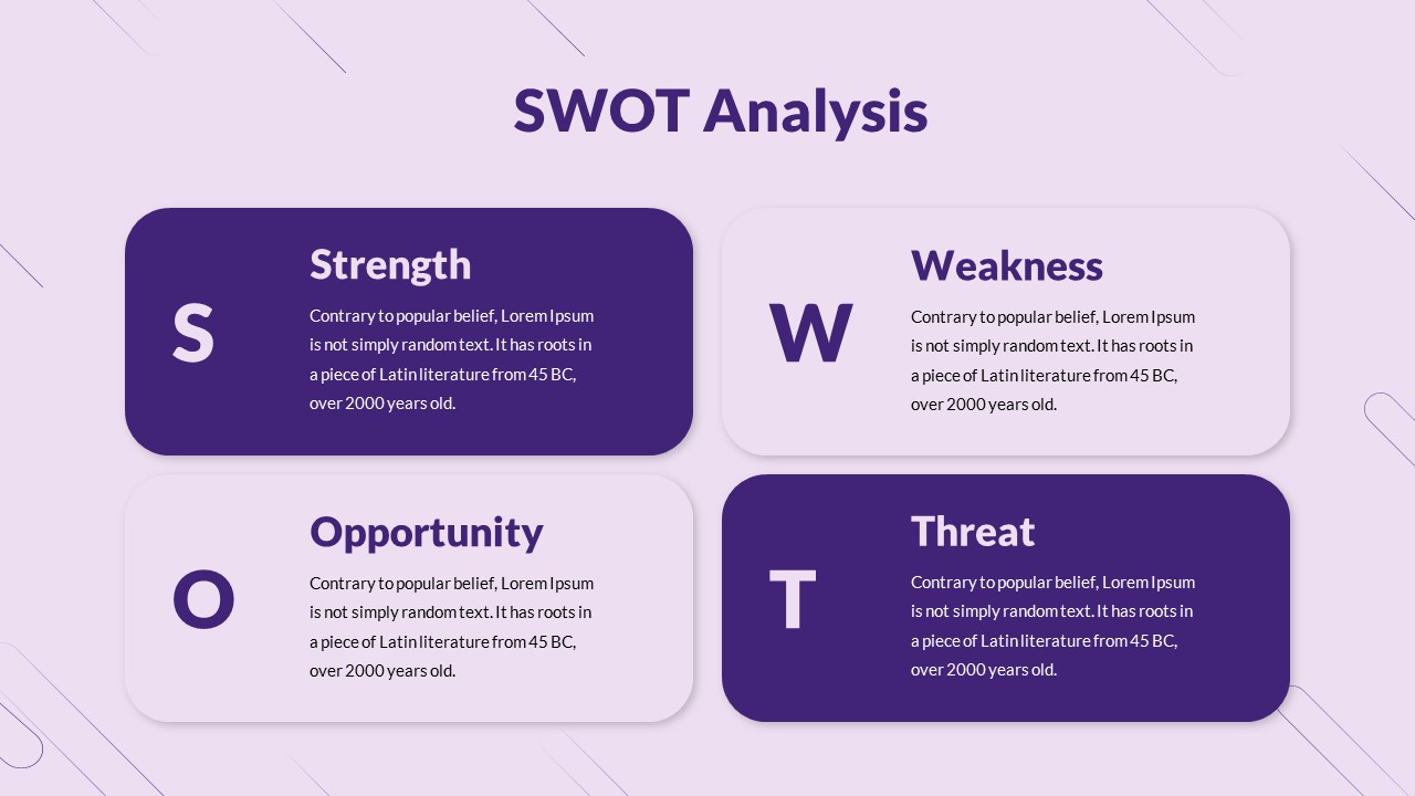 Aesthetic Purple SWOT Analysis PowerPoint Template - SlideKit