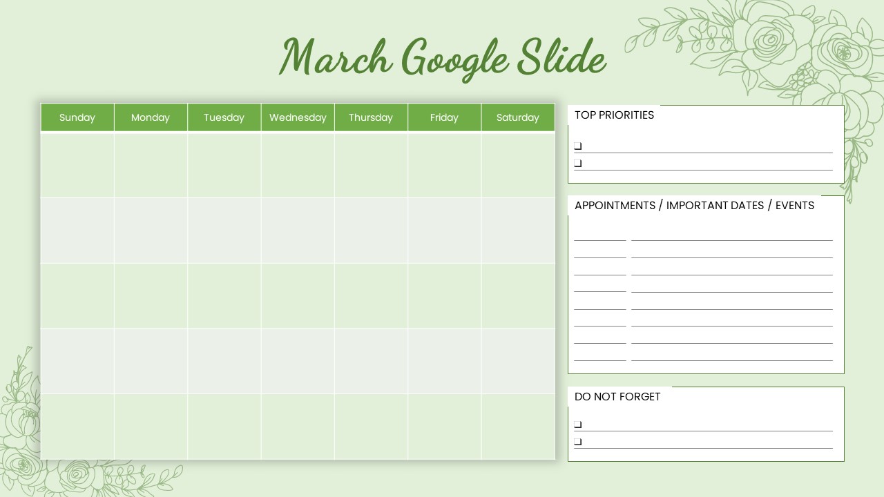 Pastel Green March Month Planner PowerPoint Template