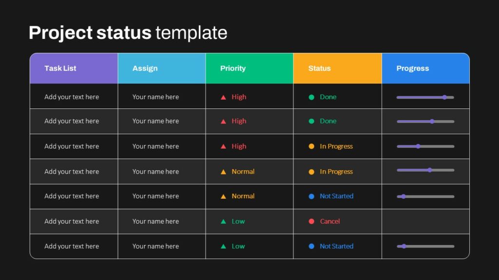 Dark Theme Project Status Slide Template - SlideKit