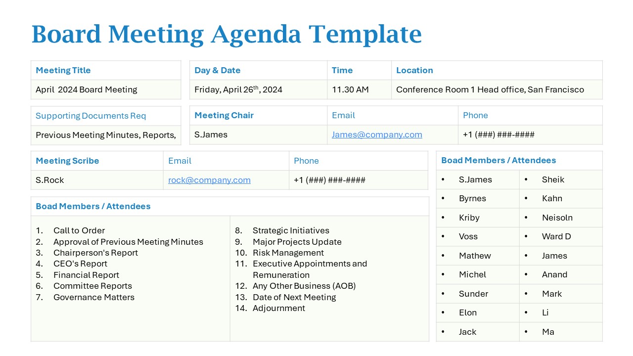 Board Meeting Agenda Template for PowerPoint and Google Slides