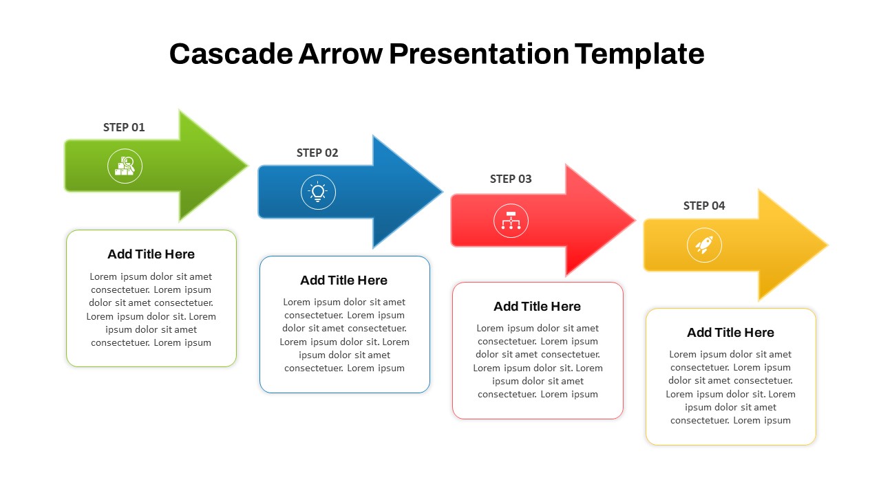 4 Step Cascade Arrow Process Flow Diagram PowerPoint Slide For Step by Step Process Progressions Presentation