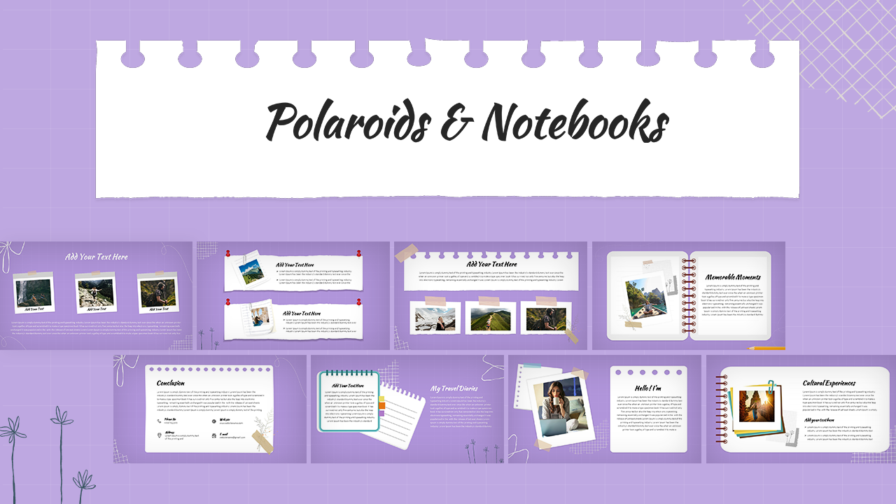 Free Purple Polaroids Notebook PowerPoint Template Featured Image